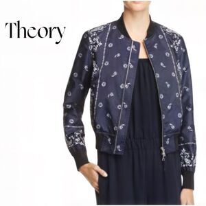 Theory Navy Bandana Embroidered Paisley Bomber Women's Jacket Sz S EUC